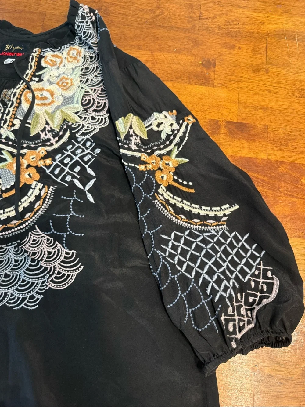 Johnny Was 2X Bassett Embroidered Silk Blouse Black Boho Peasant Top